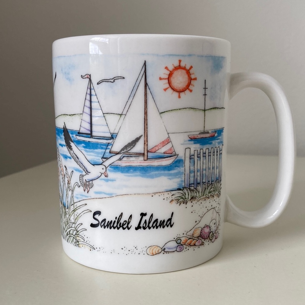 Vintage Sanibel Island Florida Coffee Mug beach lighthouse sailboats seagulls